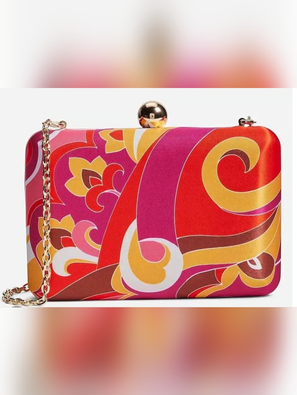 Express RETRO Paisley Pink, Red & Yellow Floral Satin Clutch with Gold Chain